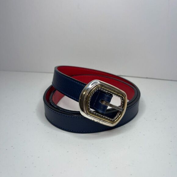 Orvis Two-Tone Red Blue Leather Polo Buckle Belt Adjustable Womens Designer NWOT - Picture 1 of 5